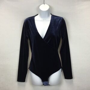 Madewell Velvet Wrap Fitted Bodysuit Blue Size M Party Holiday Classic